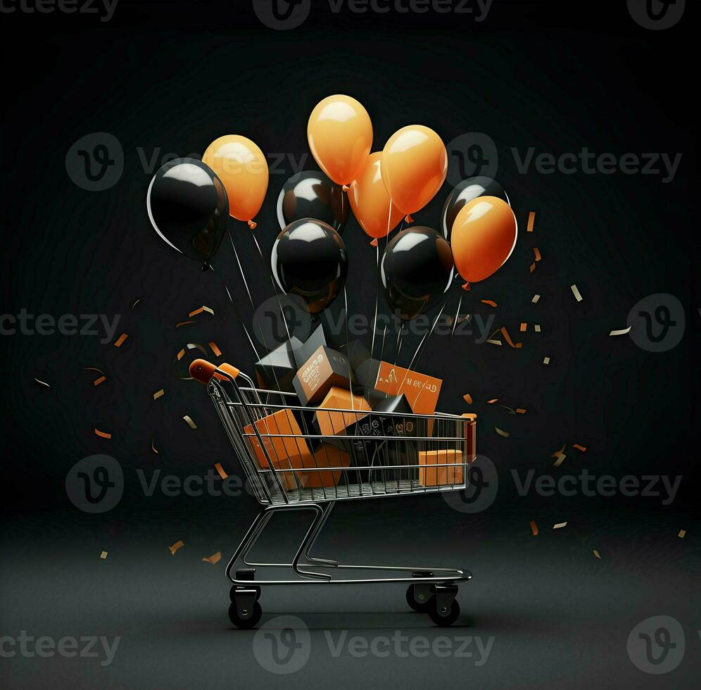 Black Friday poster with balloons and shopping carts. High-resolution. AI Generative photo