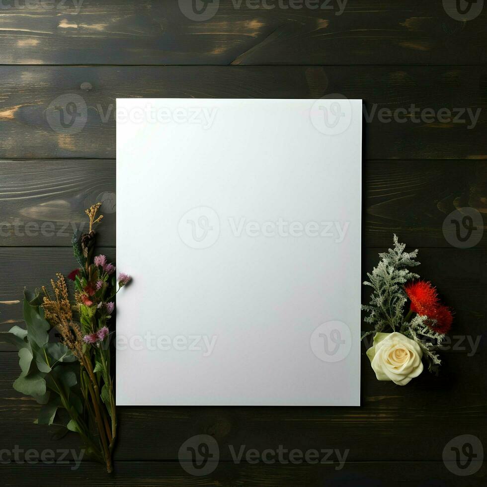 Blank canvas mockup A4 format black background with flowers. High quality. AI Generative photo