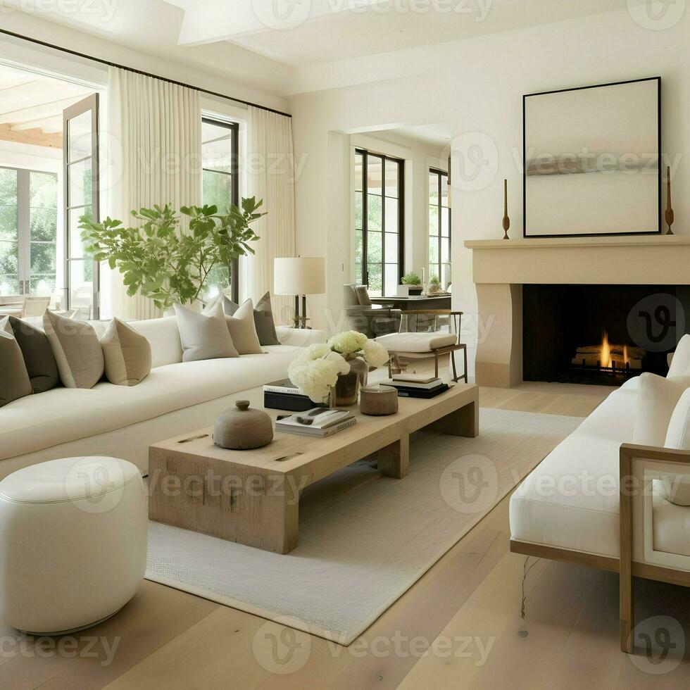 A white living room in California open concept design. High-resolution. AI Generative photo