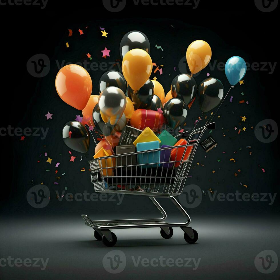 Black Friday poster with balloons and shopping cart. High-resolution. AI Generative photo