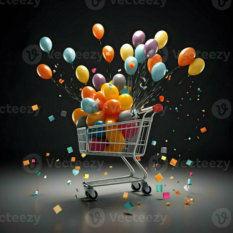 Black Friday poster with balloons and shopping cart. High-resolution. AI Generative photo