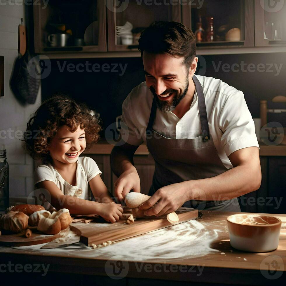 Smiling dad with a 5-year-old child cooking on the white kitchen. High-resolution. AI Generative photo