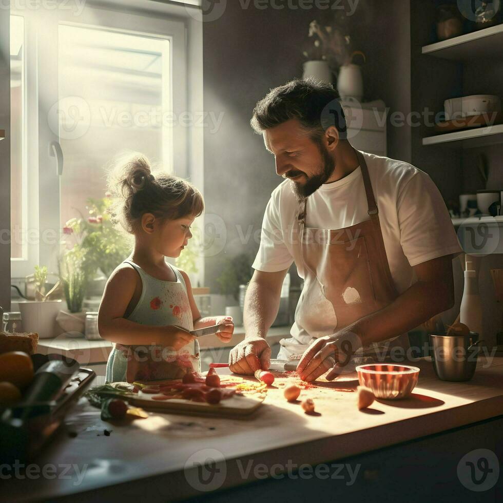 Dad with child cooking in the white kitchen. High quality. AI Generative photo