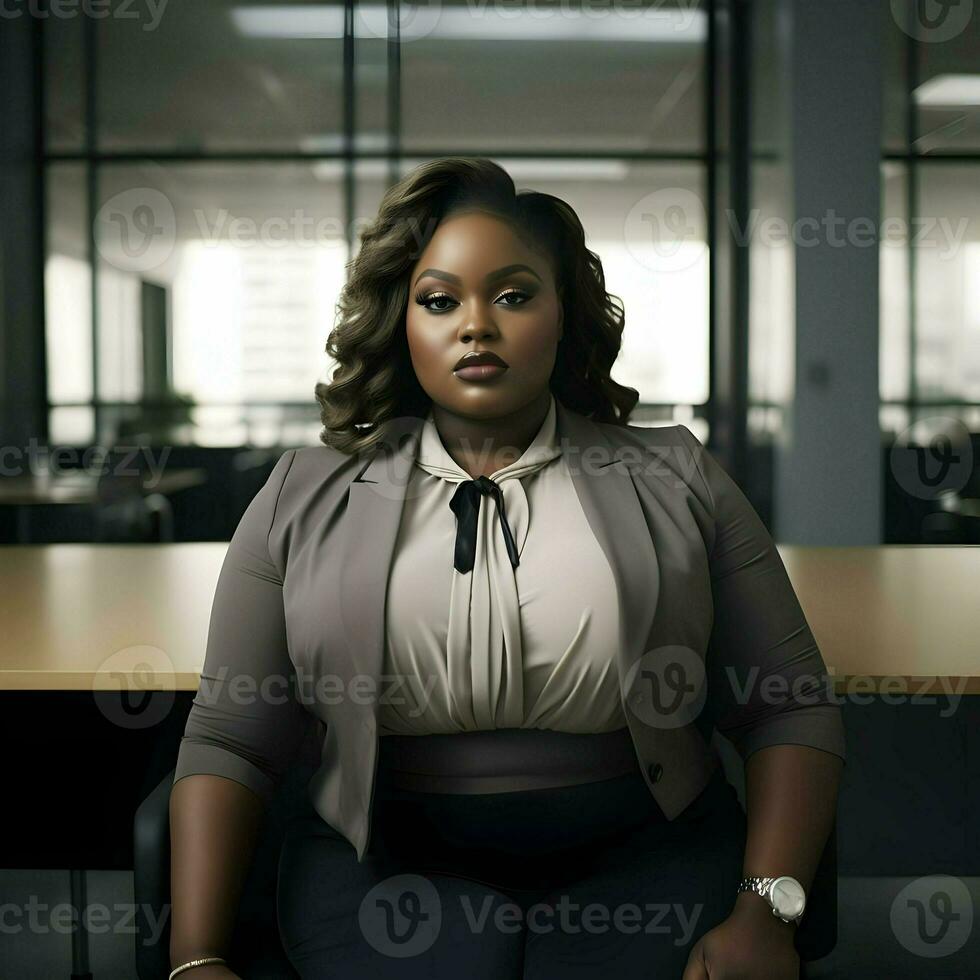 Plus-size dark skin manager. High quality. AI Generative photo