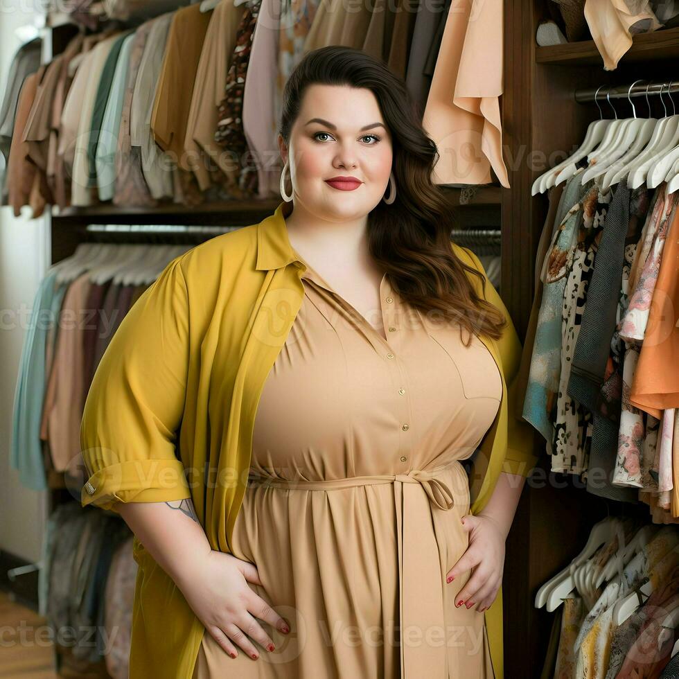 Smiling plus-size manager of the shop. High-resolution. AI Generative photo