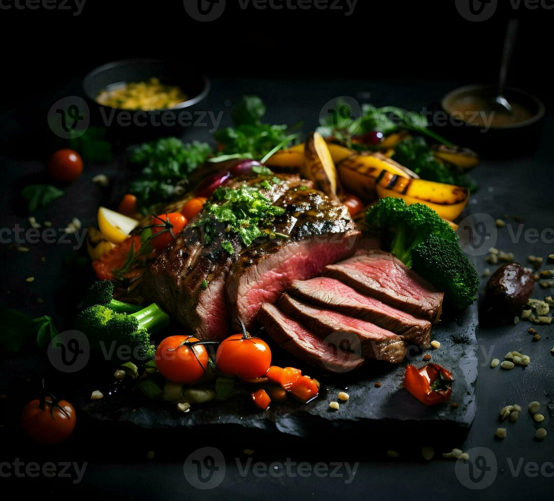 Sliced well-done meat with grilled vegetables on a dark background.  High-resolution. AI Generative photo