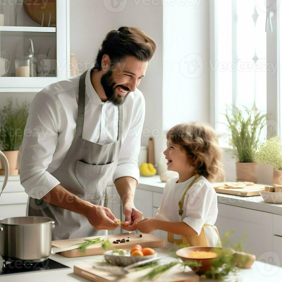 Smiling dad with 5-year child cooking on the white kitchen. High quality. AI Generative photo