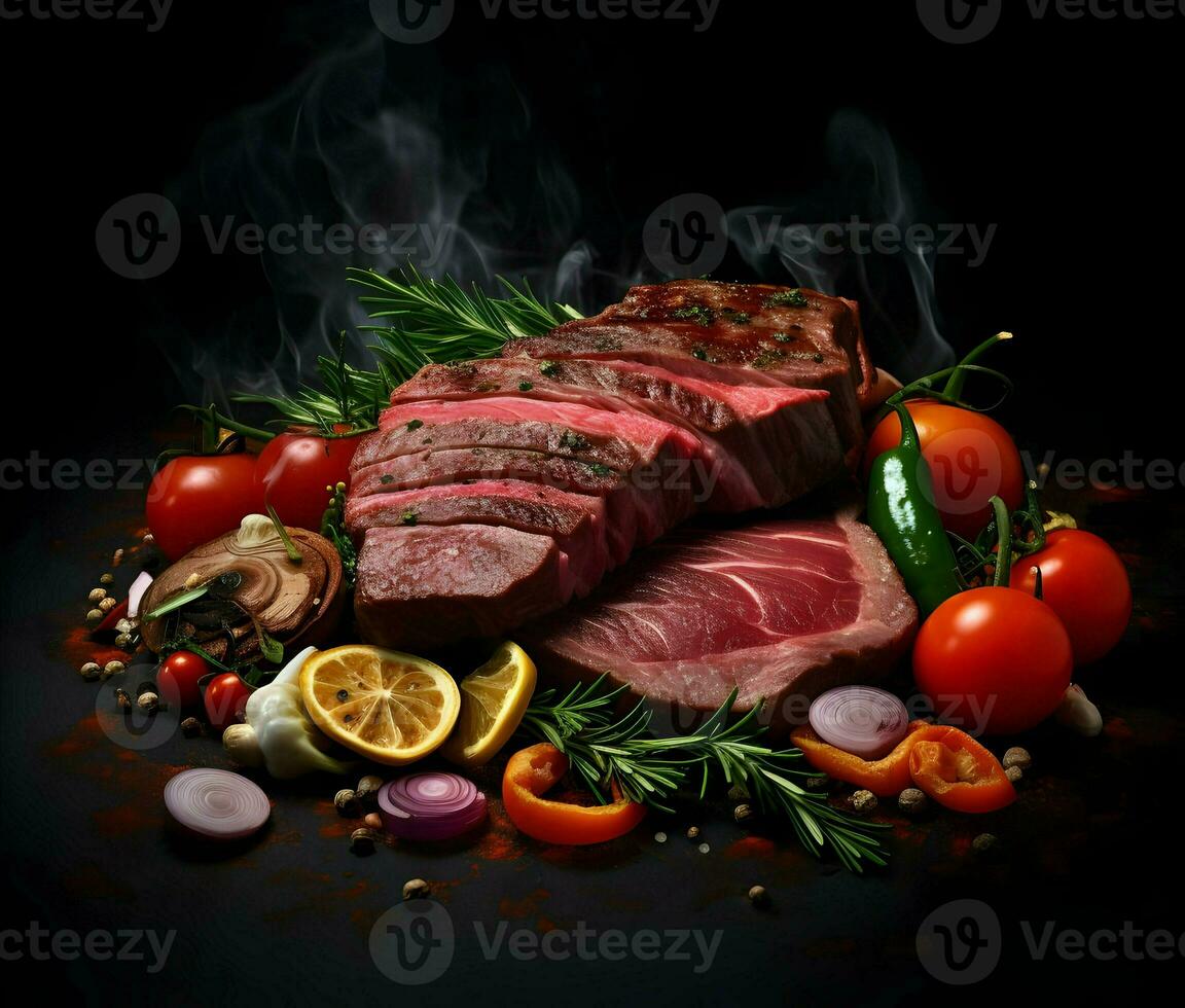 Sliced well-done meat with vegetables on a dark background. High quality. AI Generative photo