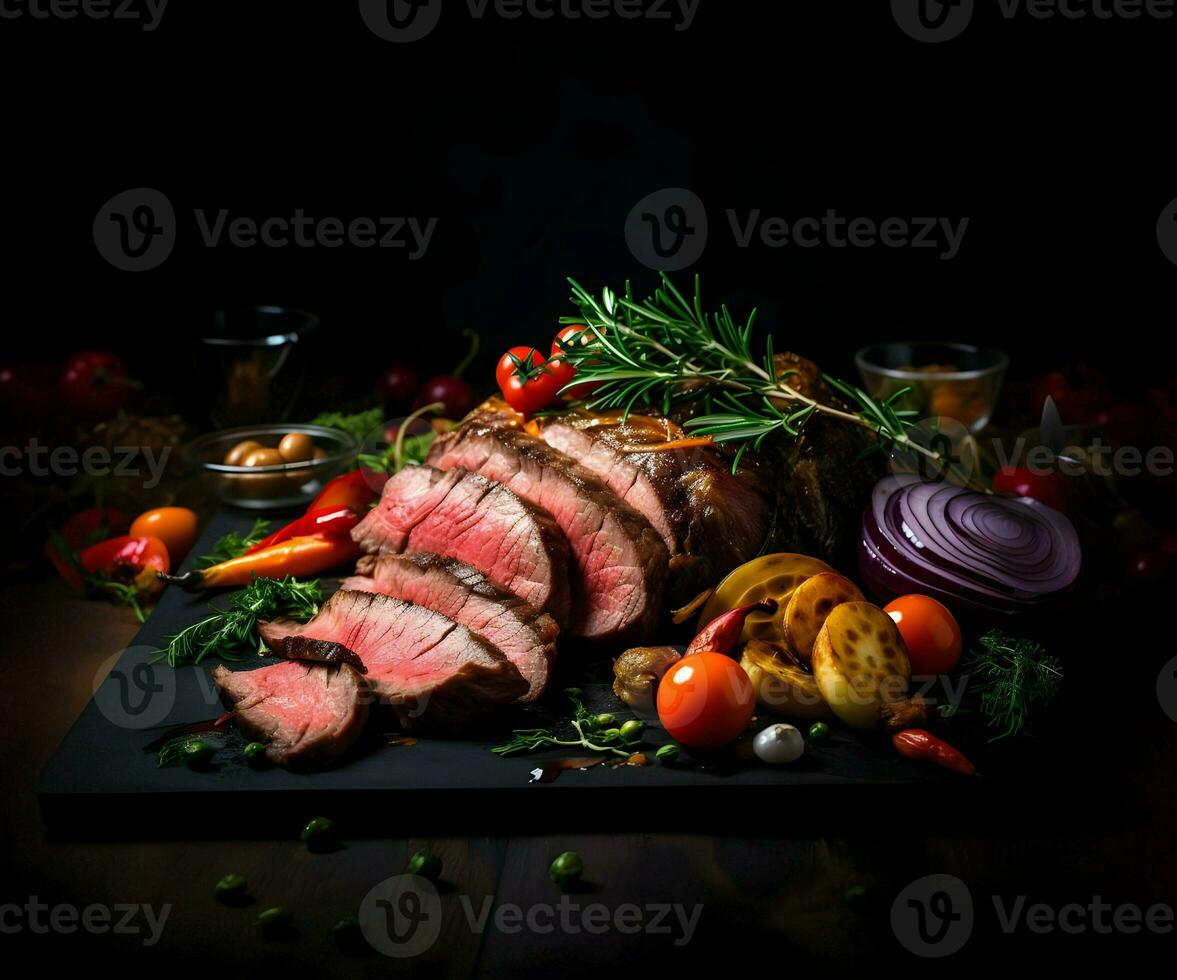 Sliced well-done meat with vegetables on a dark background.  High-resolution. AI Generative photo