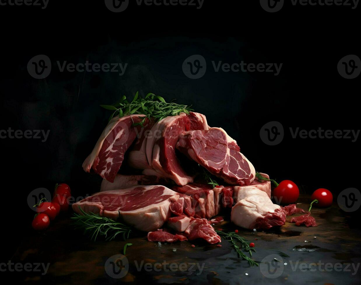 Taw meat on dark background. High-resolution. AI Generative photo