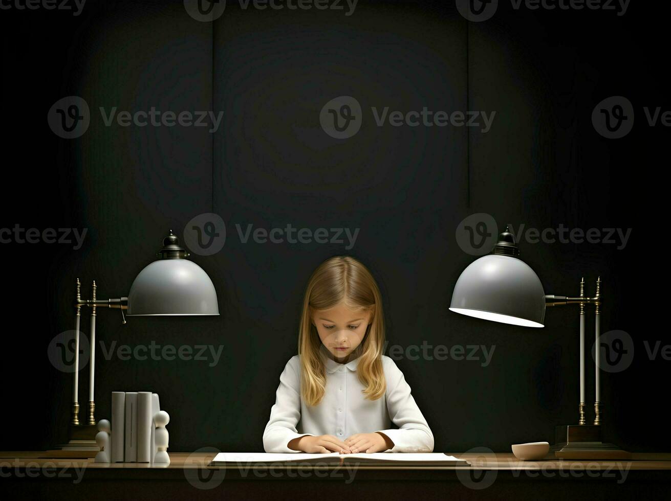 Modern girl learning at the table with the monitor. Minimalism. High-resolution. AI Generative photo
