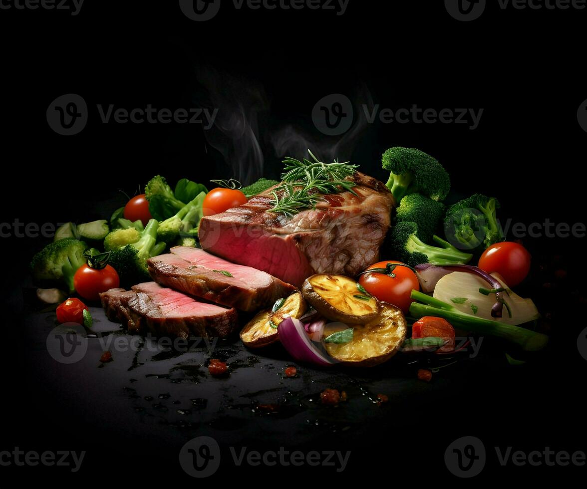Sliced well-done meat with grilled vegetables on a dark background. High-resolution. AI Generative photo