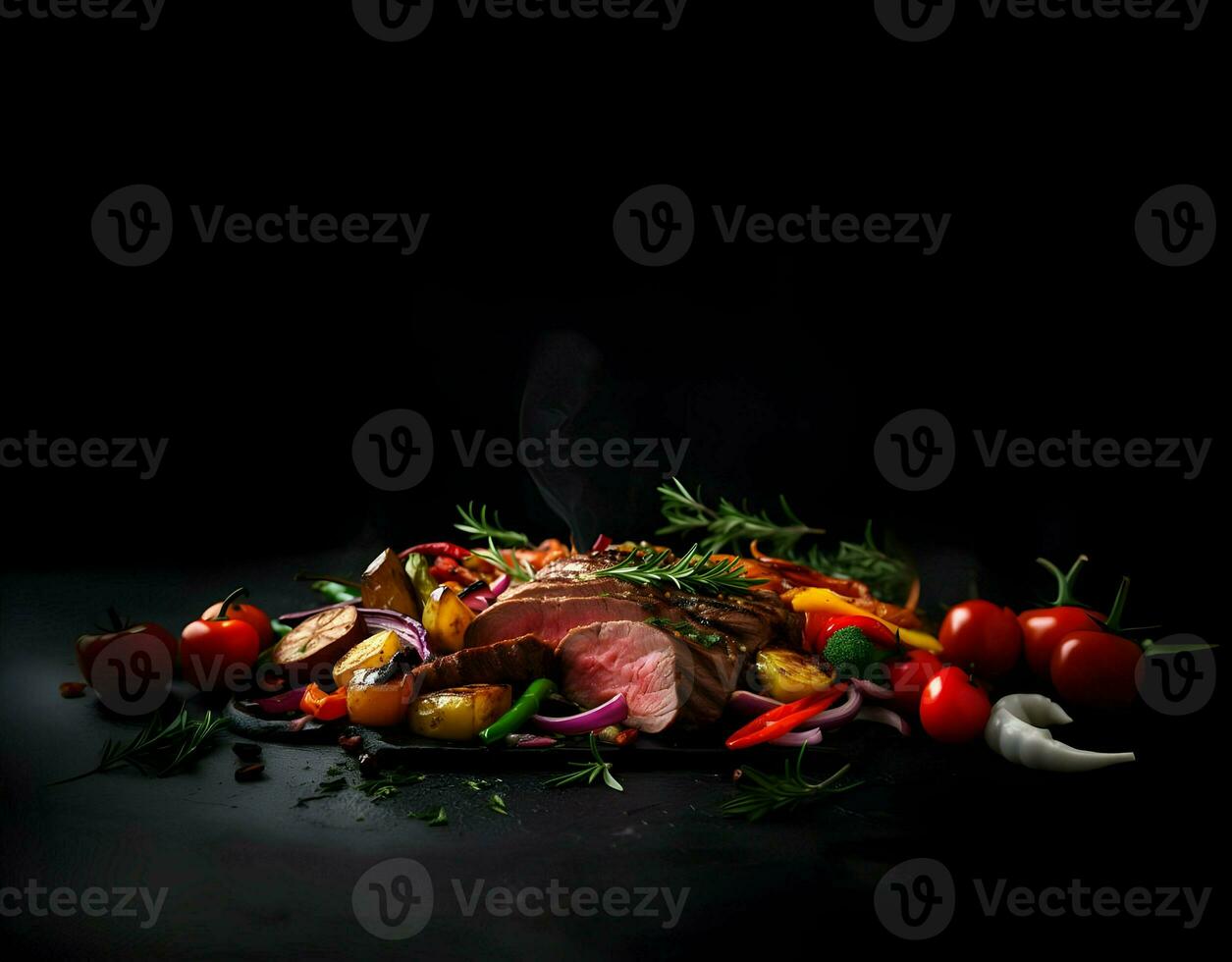 Sliced well-done meat with vegetables on a dark background. High-resolution. AI Generative photo