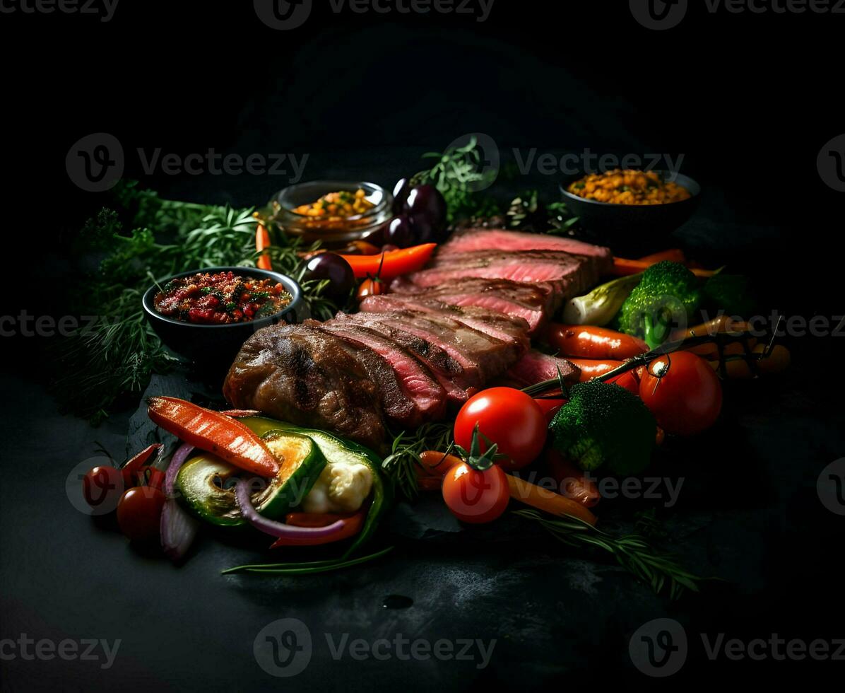 Sliced well-done meat with grilled vegetables on a dark background. High quality. AI Generative photo