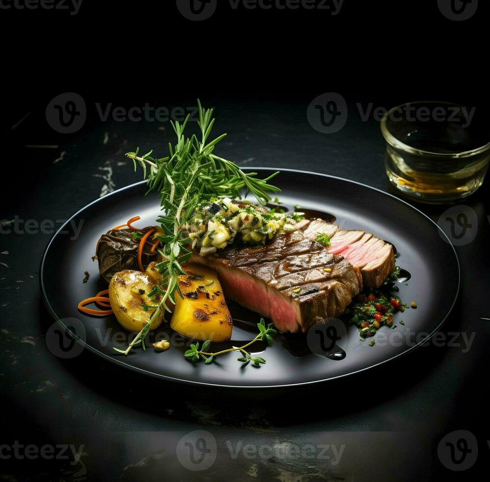 Well done stake on black plate on dark background. High-resolution. AI Generative photo