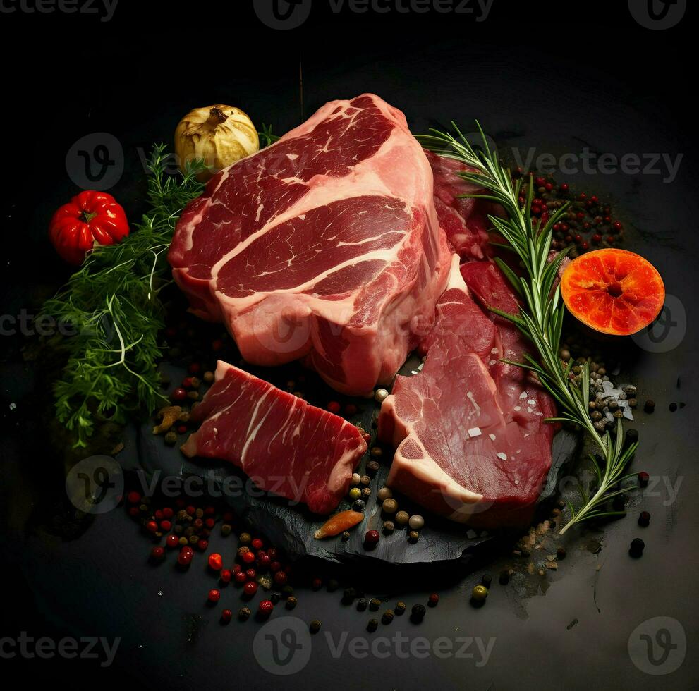 Raw meat on a dark background. High quality. AI Generative photo