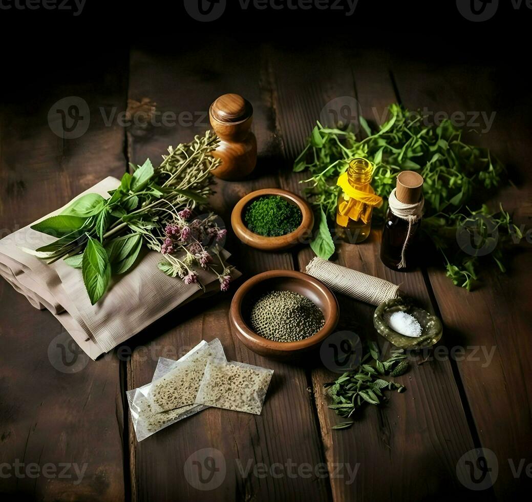 medicinal hierbas mortero de curación hierbas bolsita. alto calidad. ai generativo foto