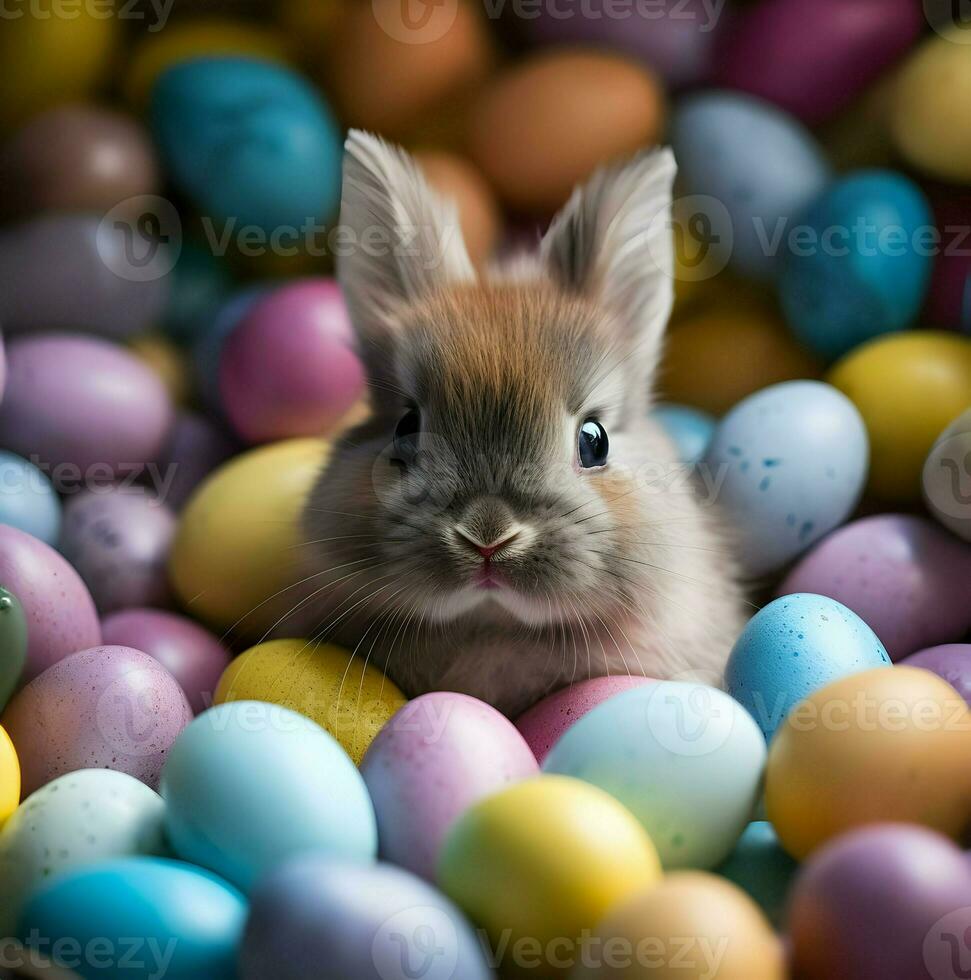 un cerca Disparo de un linda Pascua de Resurrección bebé conejito sentado en un nido de de colores huevos en un pastel antecedentes. alta resolución. ai generativo foto