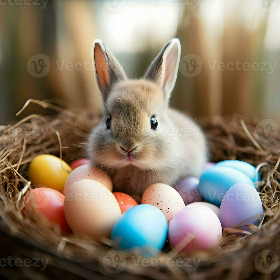 A close shot of a cute Easter baby bunny sitting in a nest of colored eggs on a pastel background. High quality. AI Generative photo