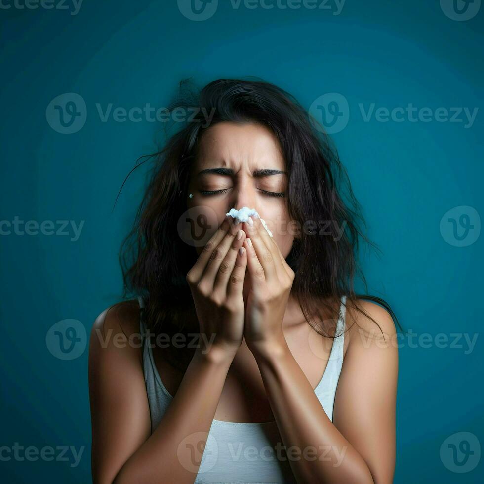 Close-up of woman blowing nose on blue background. High quality. AI Generative photo