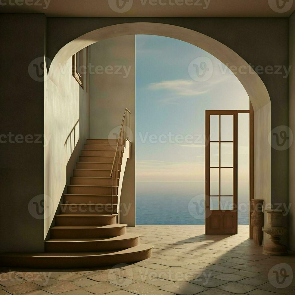 A room with ascending stairs to the outside. High-resolution. AI Generative photo