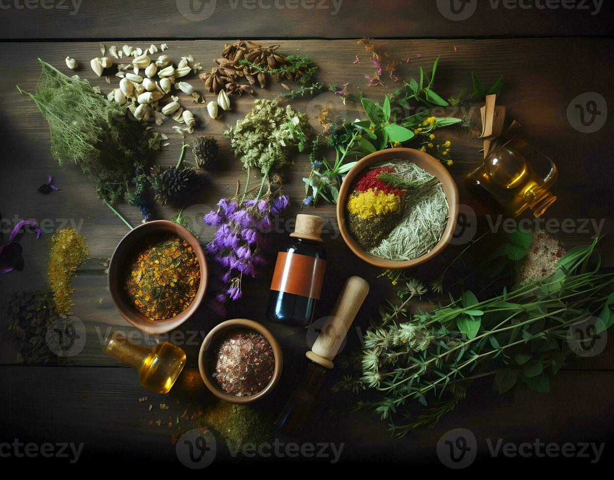 Medicinal herbs mortar of healing herbs sachet. High quality. AI Generative photo