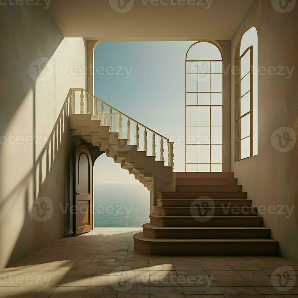 A room with ascending stairs to the outside. High-resolution. AI Generative photo