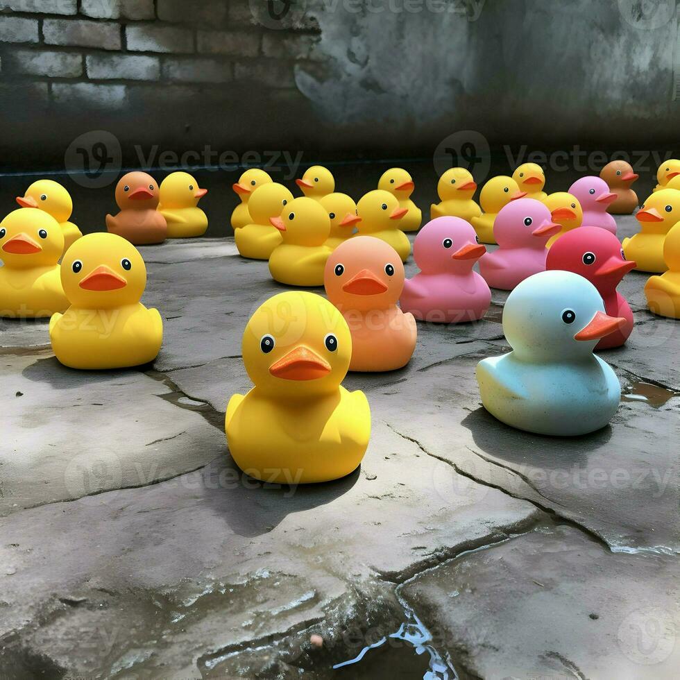 Rubber duckies placed on multi-colored concrete figures. High-resolution. AI Generative photo