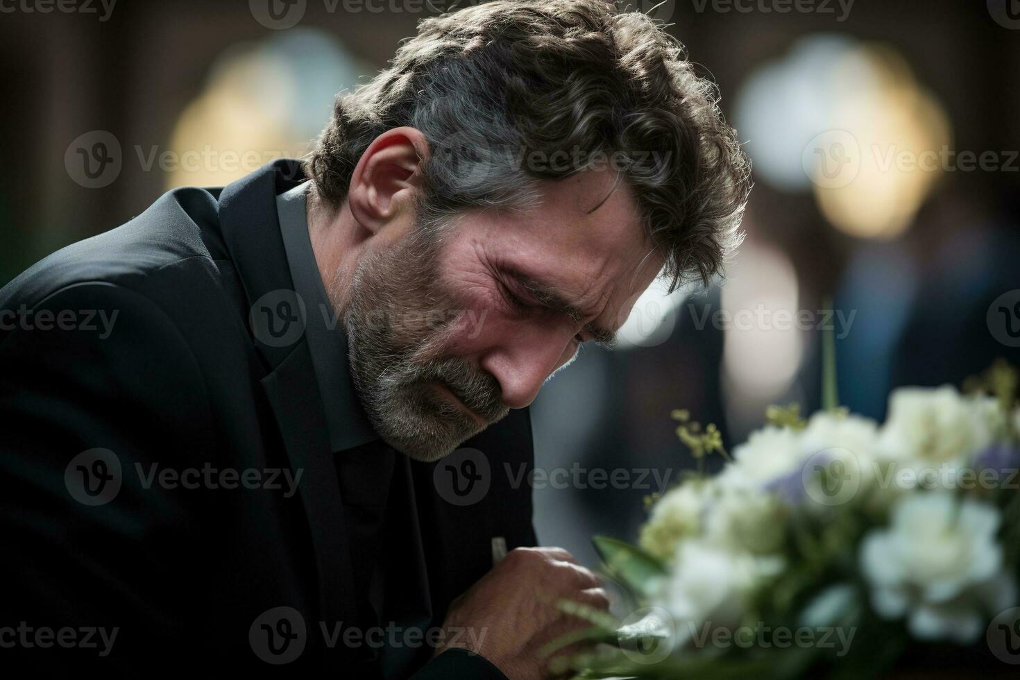 closeup shot of a senior man in front of a funeral bouquet AI generated photo
