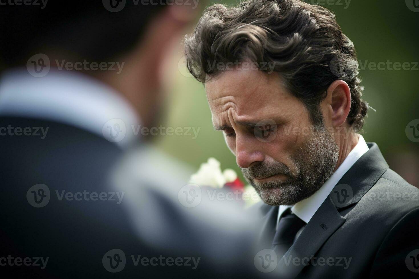 closeup shot of a senior man in front of a funeral bouquet AI generated photo