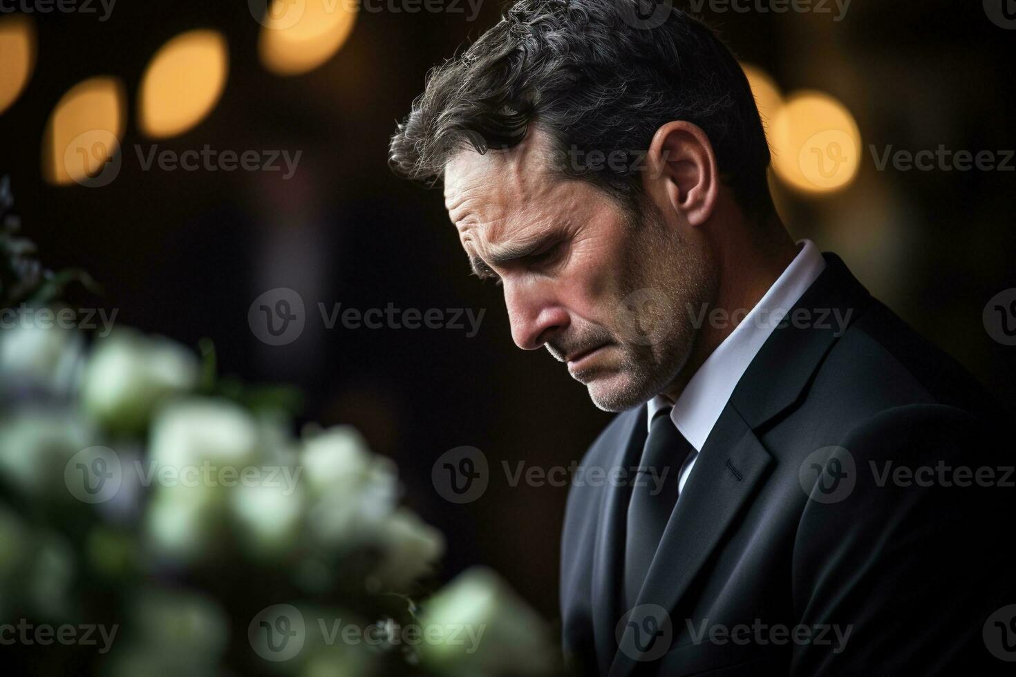 closeup shot of a senior man in front of a funeral bouquet AI generated photo