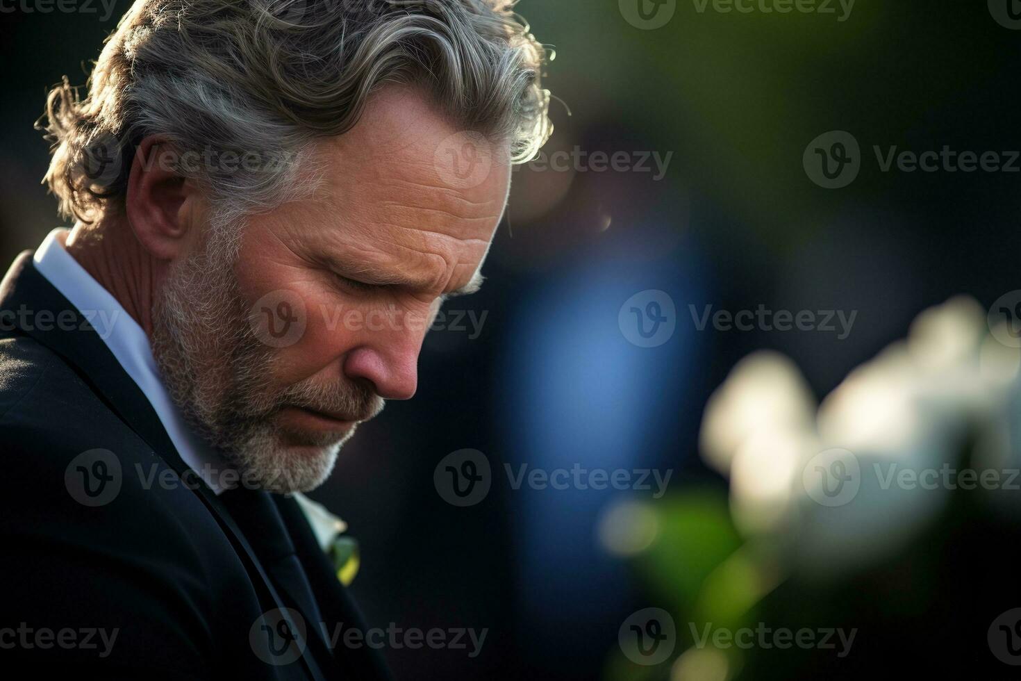 closeup shot of a senior man in front of a funeral bouquet AI generated photo