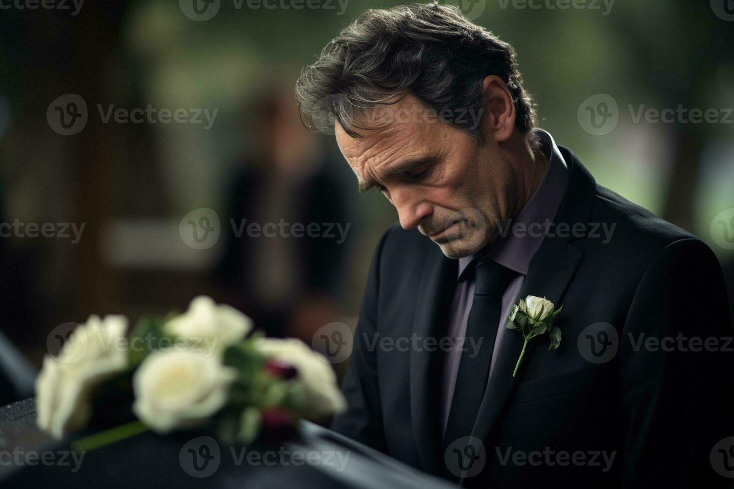 closeup shot of a senior man in front of a funeral bouquet AI generated photo