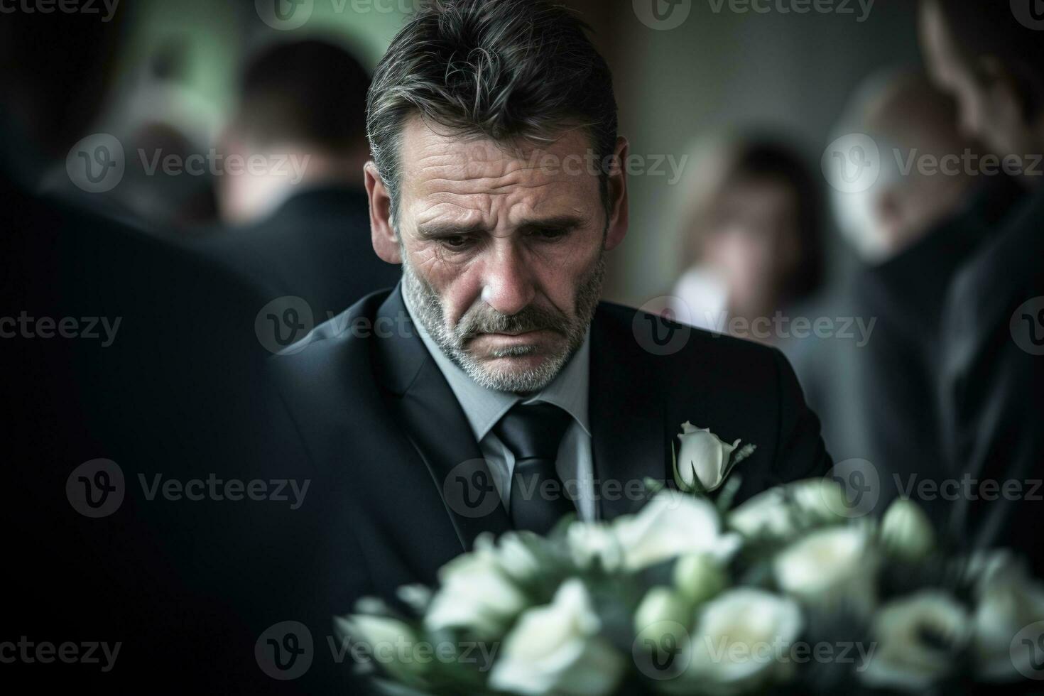 closeup shot of a senior man in front of a funeral bouquet AI generated photo
