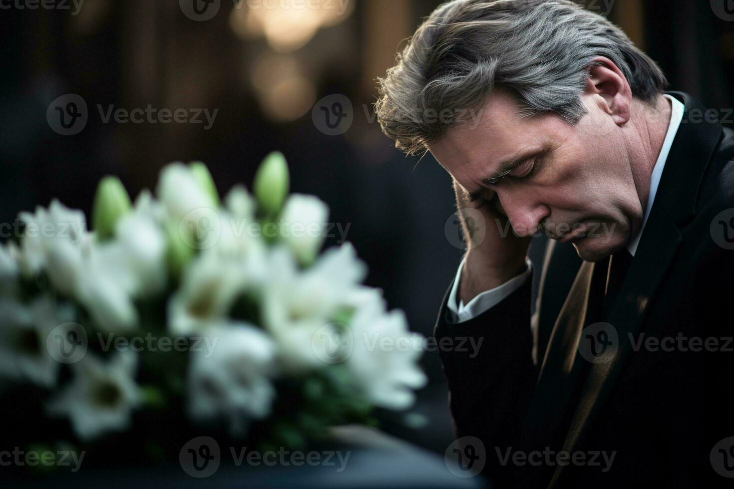 closeup shot of a senior man in front of a funeral bouquet AI generated photo