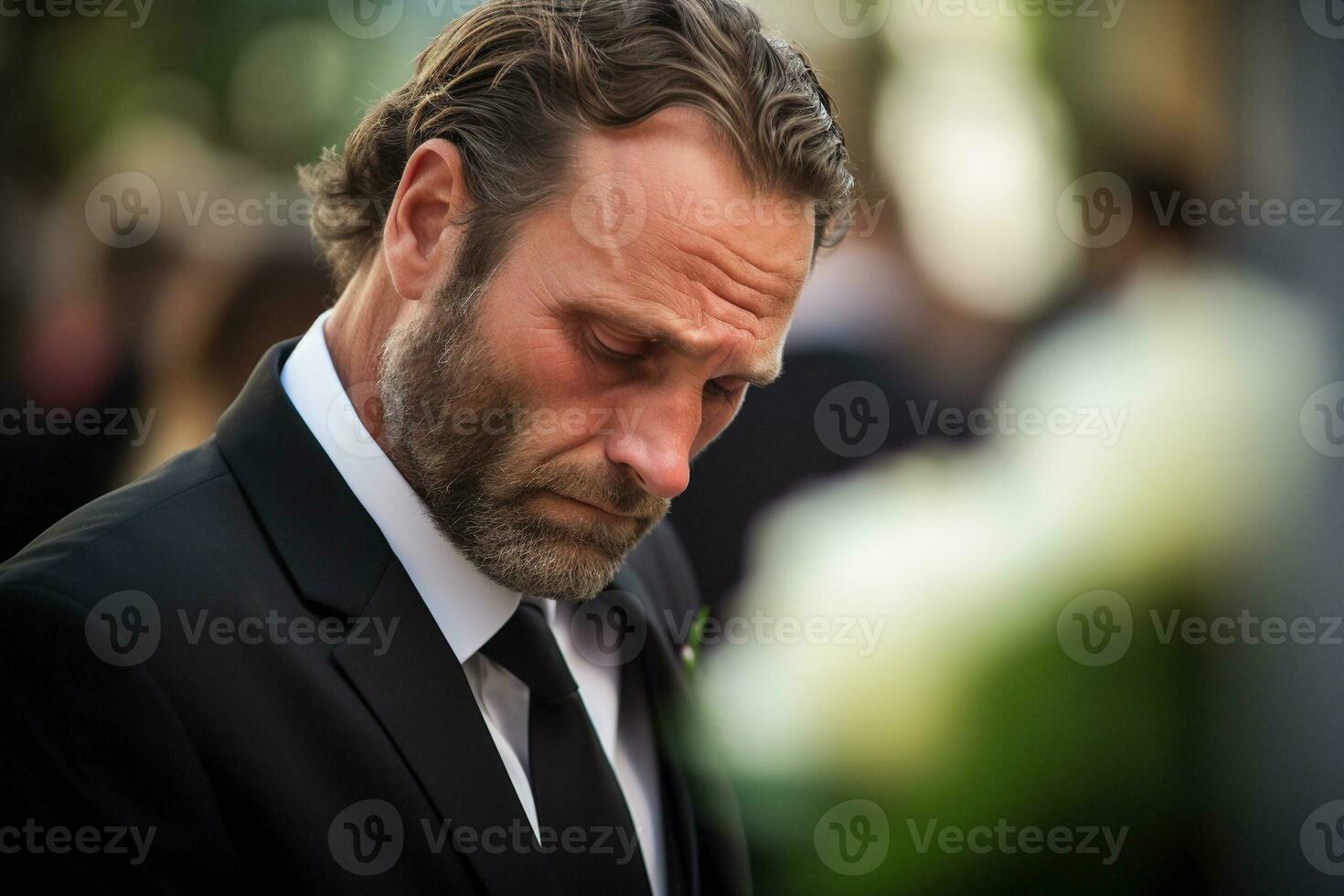 closeup shot of a senior man in front of a funeral bouquet AI generated photo