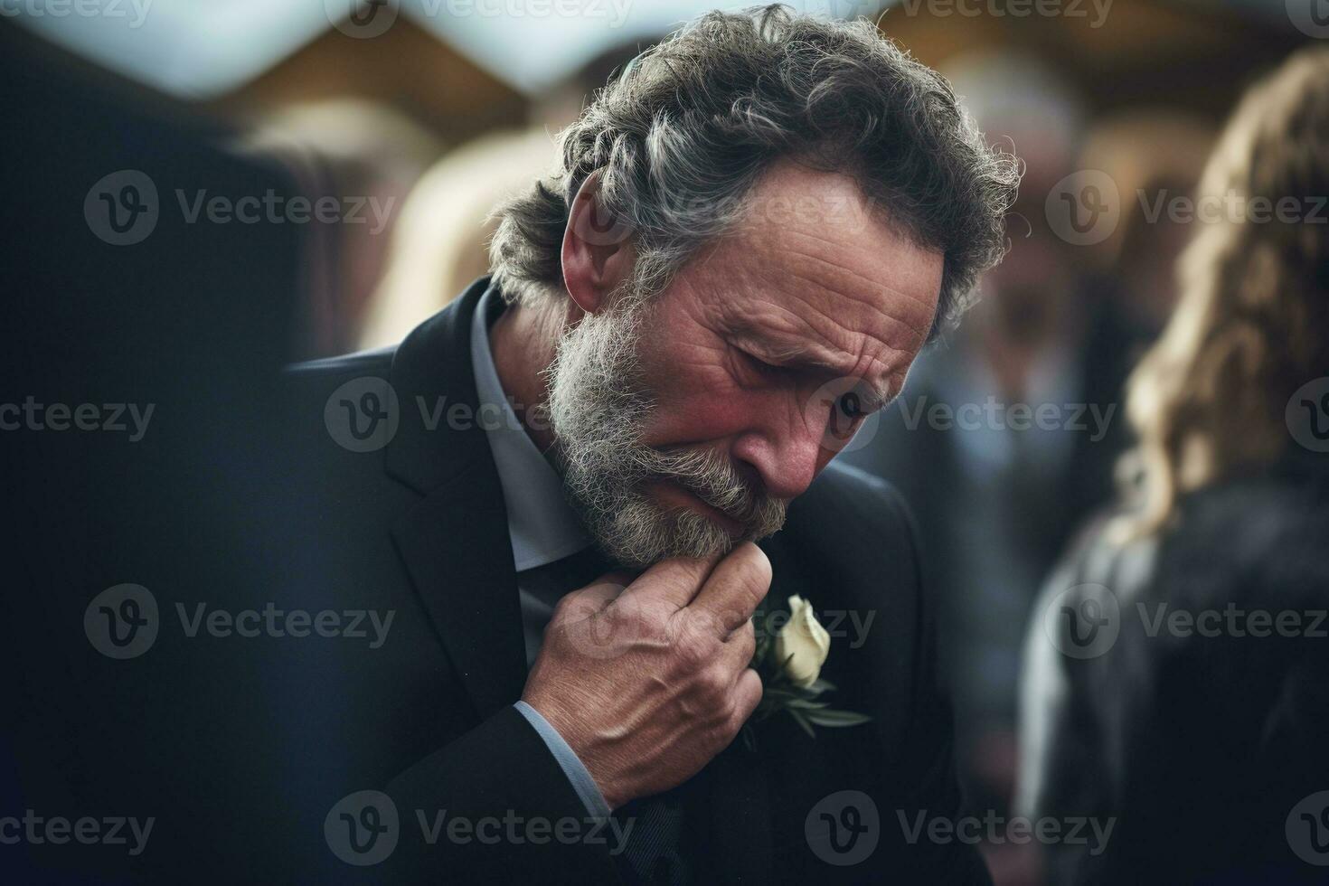 closeup shot of a senior man in front of a funeral bouquet AI generated photo