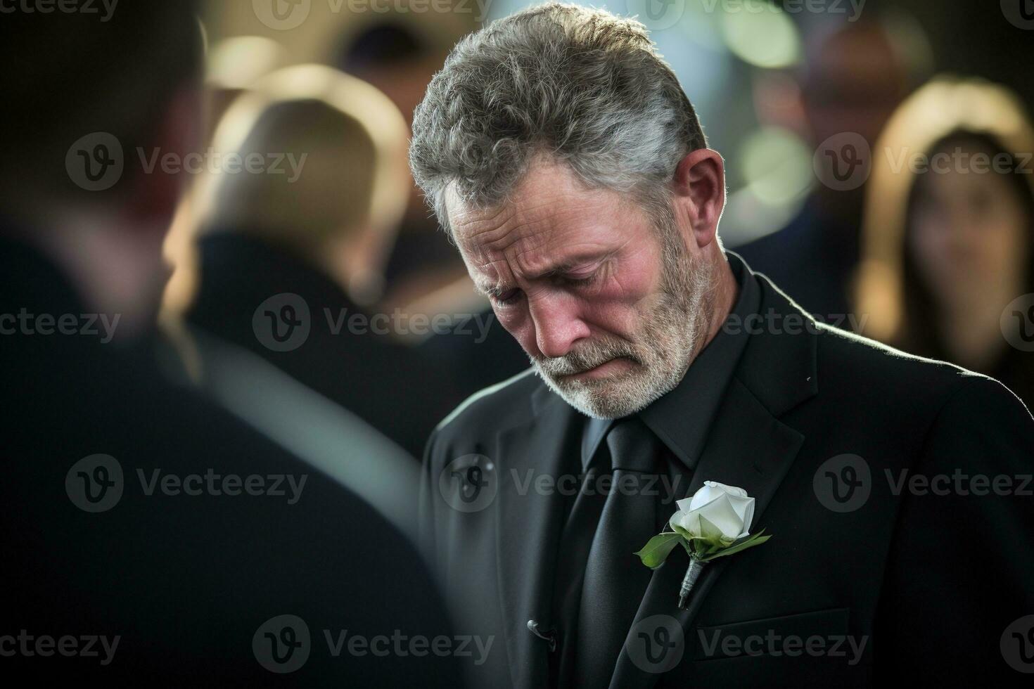 closeup shot of a senior man in front of a funeral bouquet AI generated photo