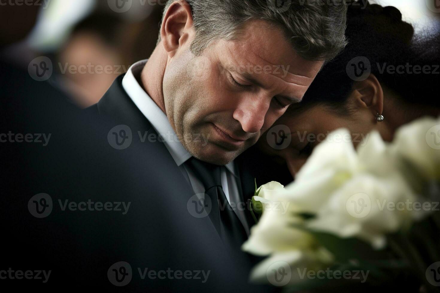 closeup shot of a senior man in front of a funeral bouquet AI generated photo
