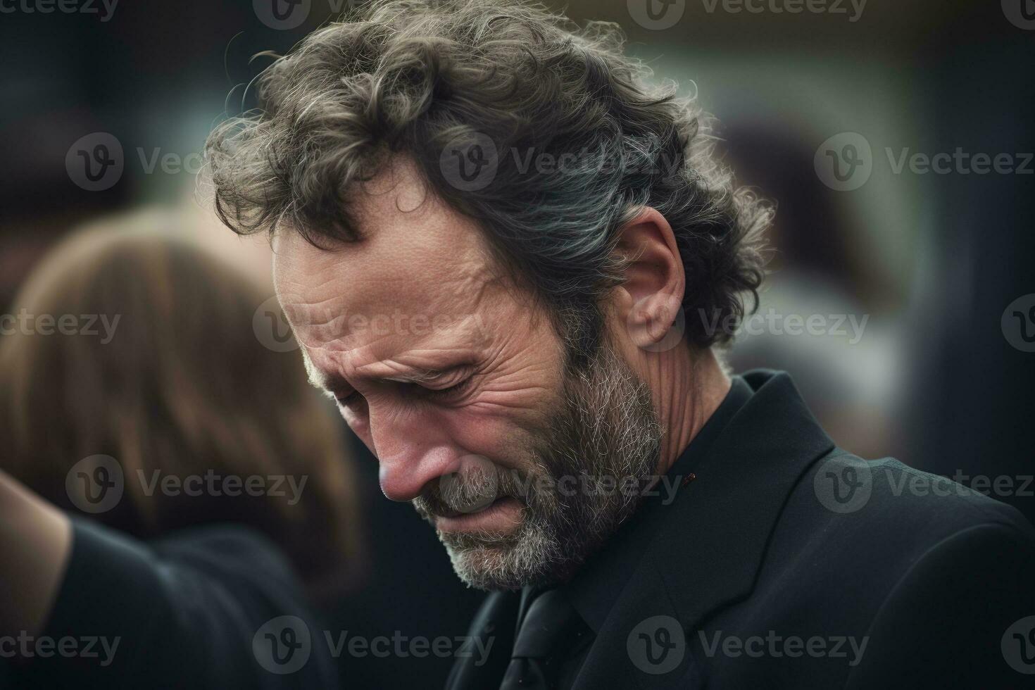 closeup shot of a senior man in front of a funeral bouquet AI generated photo