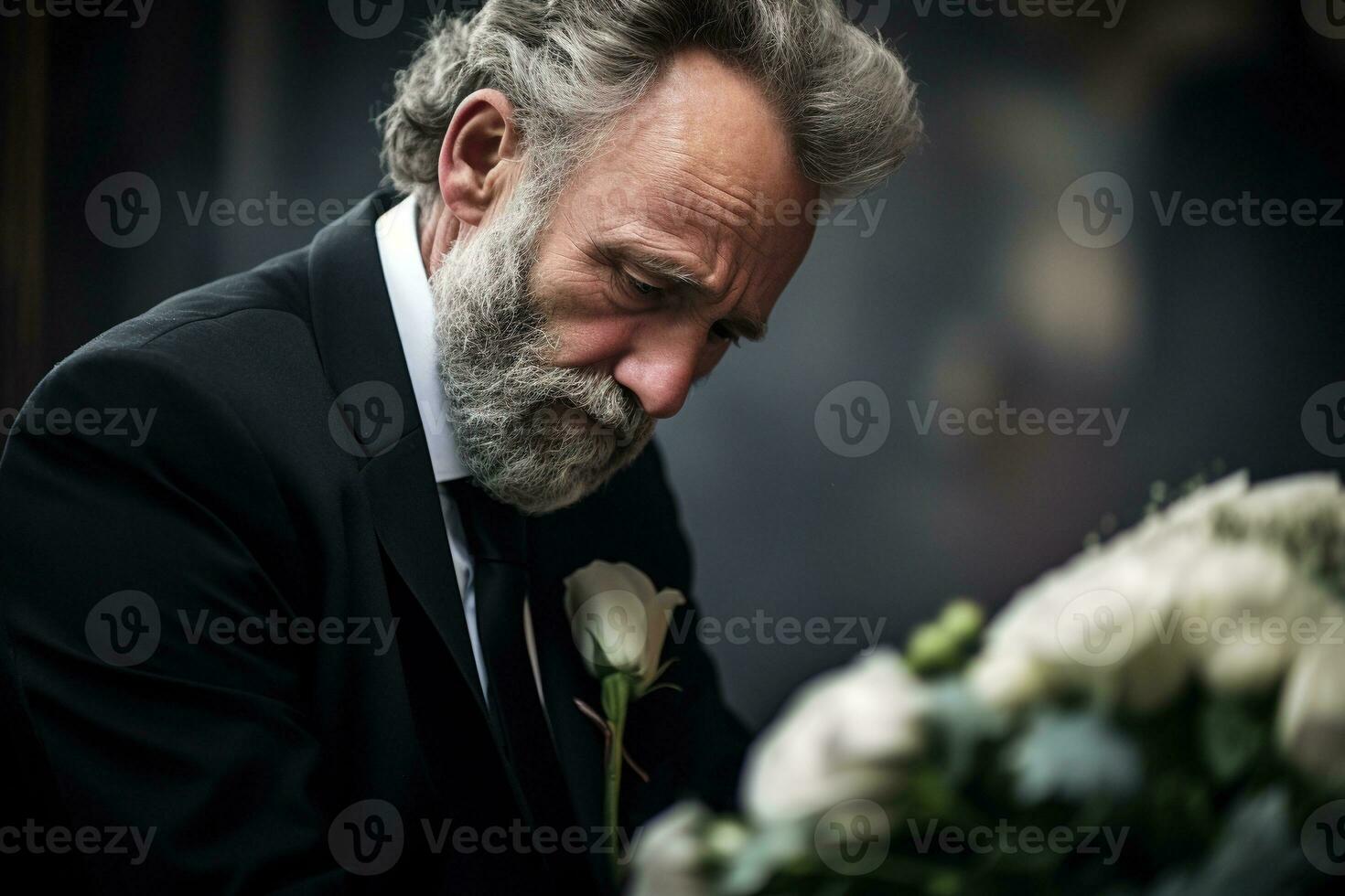 closeup shot of a senior man in front of a funeral bouquet AI generated photo