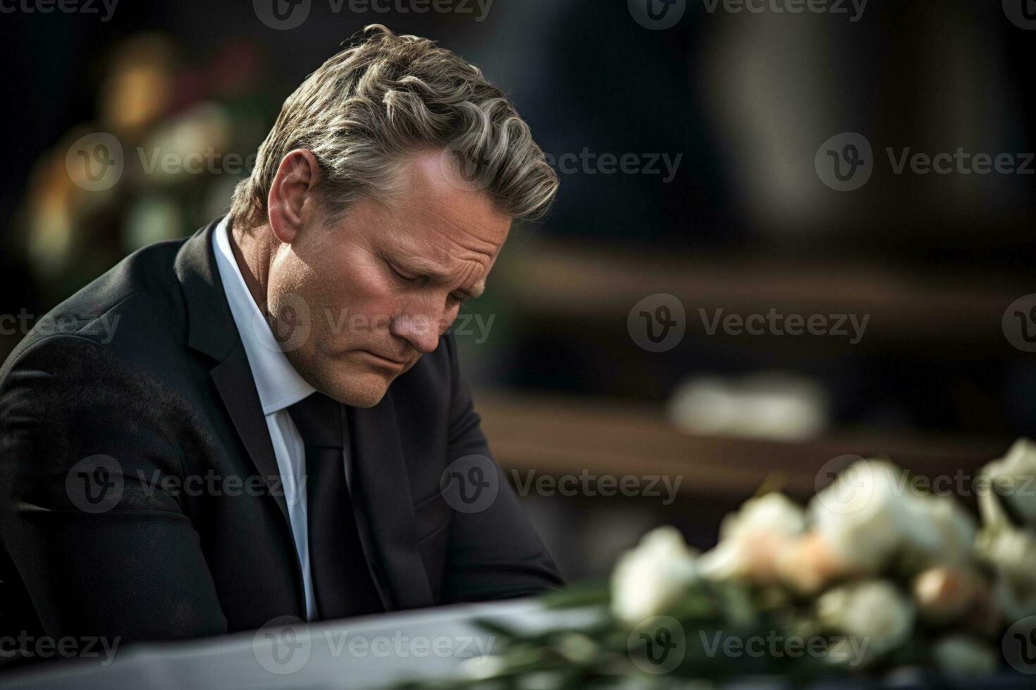 closeup shot of a senior man in front of a funeral bouquet AI generated photo