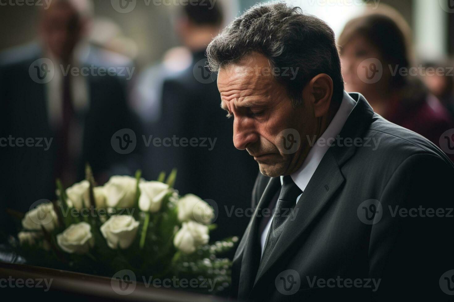 closeup shot of a senior man in front of a funeral bouquet AI generated photo