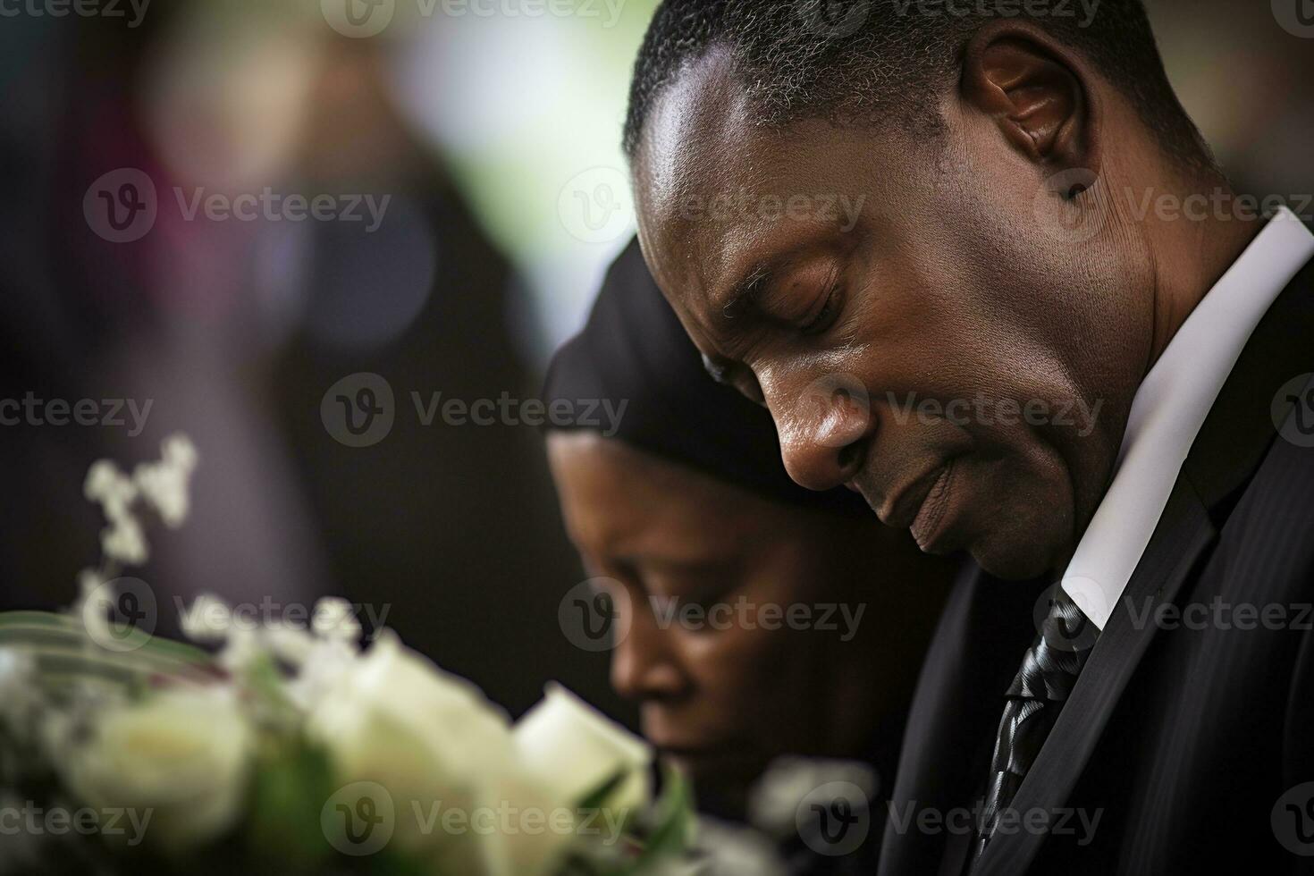 closeup shot of a senior man in front of a funeral bouquet AI generated photo