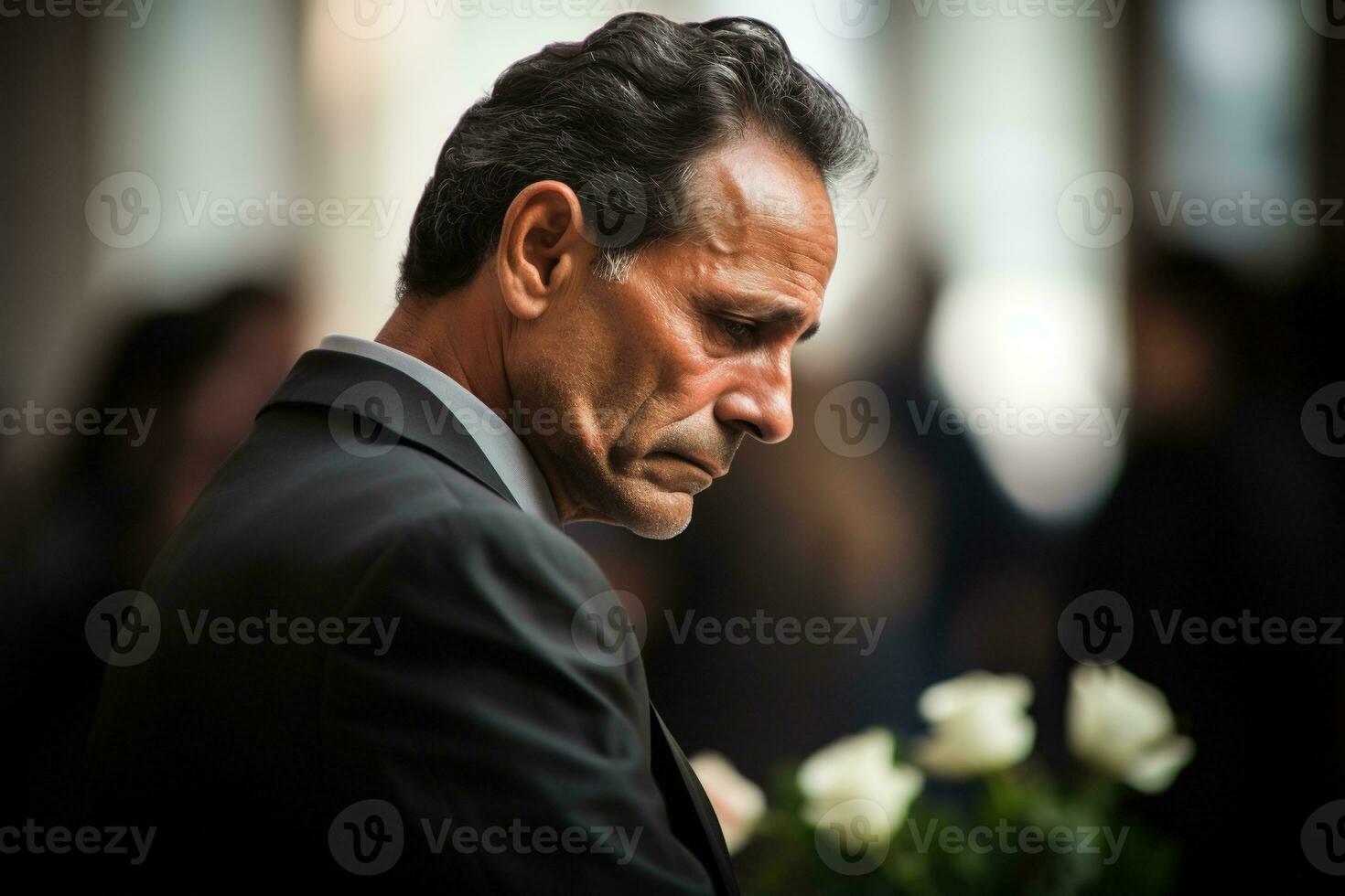 closeup shot of a senior man in front of a funeral bouquet AI generated photo