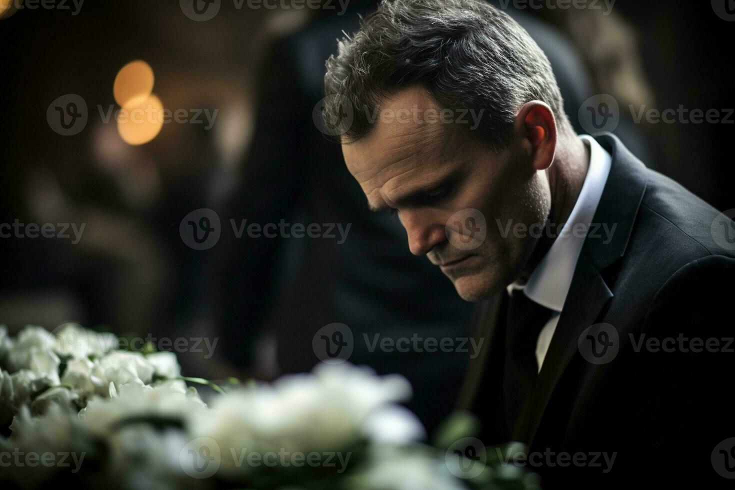 closeup shot of a senior man in front of a funeral bouquet AI generated photo