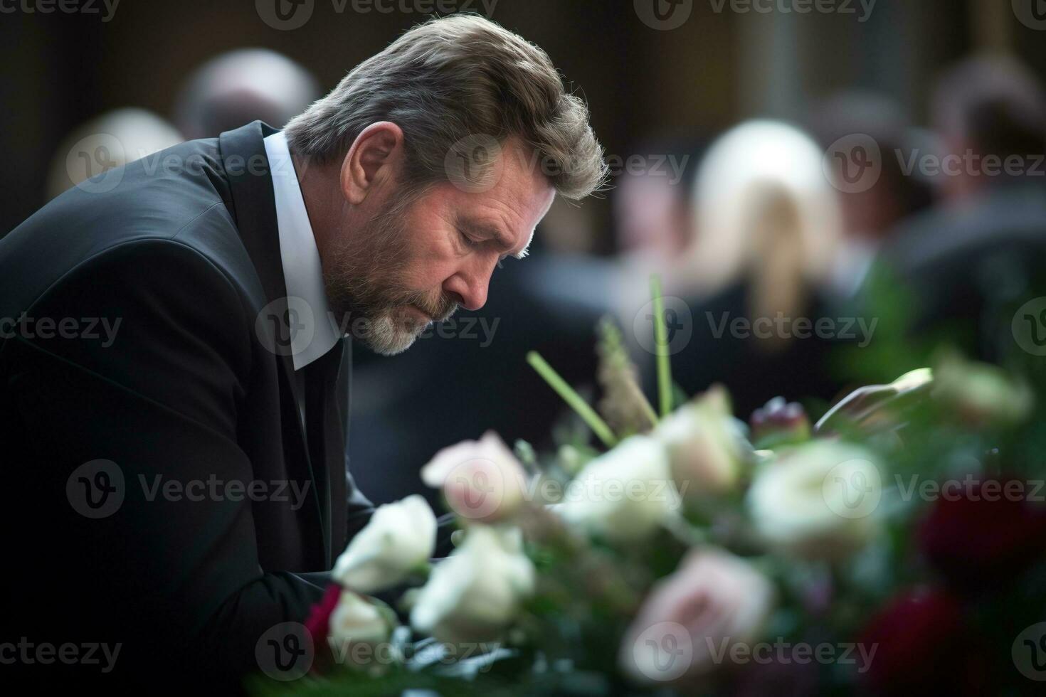 closeup shot of a senior man in front of a funeral bouquet AI generated photo