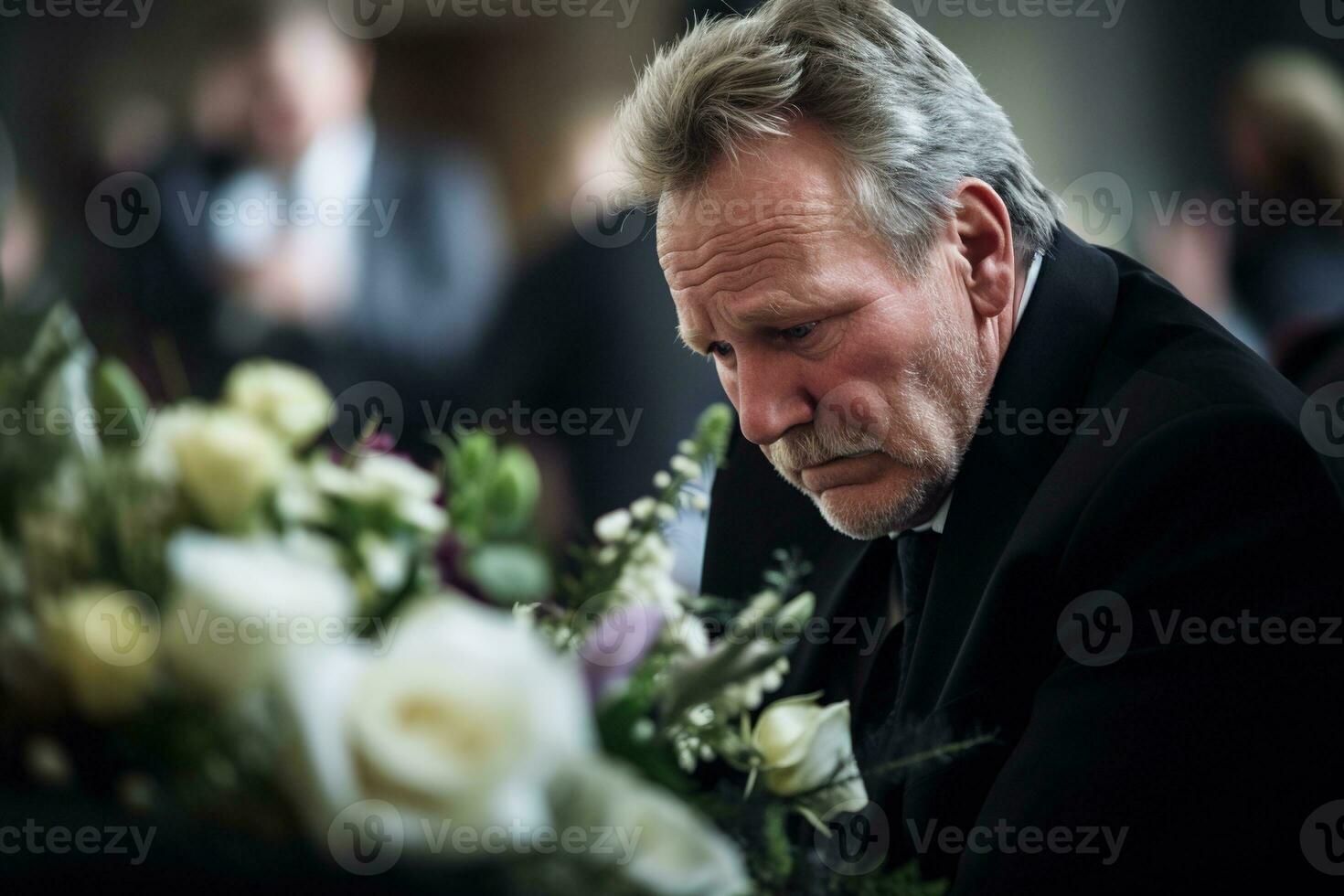 de cerca Disparo de un mayor hombre en frente de un funeral ramo de flores ai generado foto