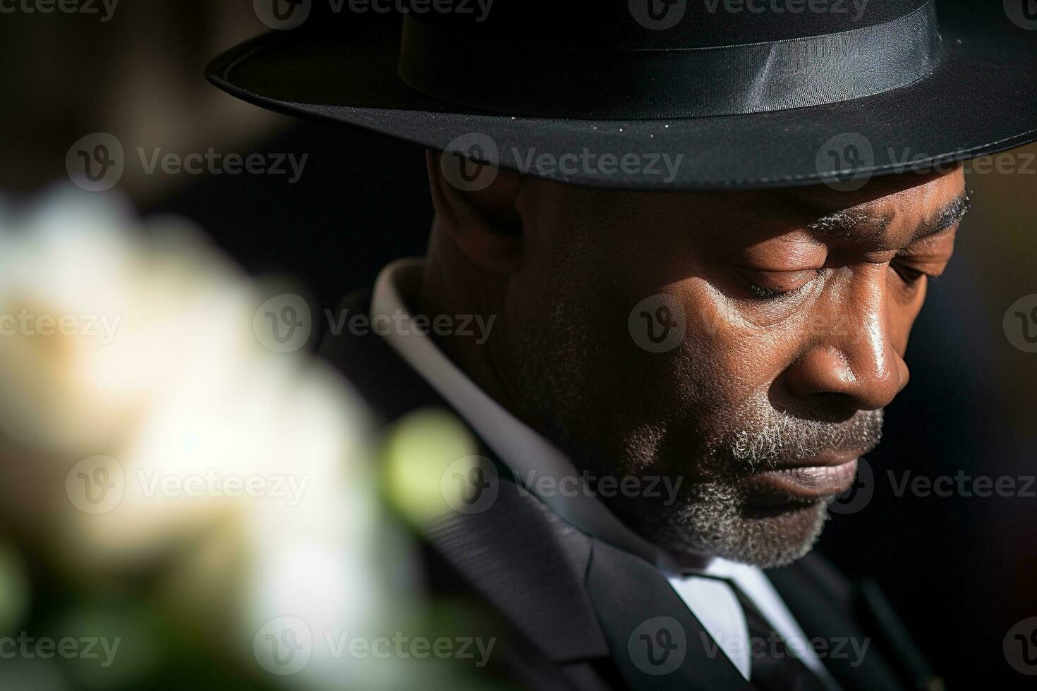 closeup shot of a senior man in front of a funeral bouquet AI generated photo