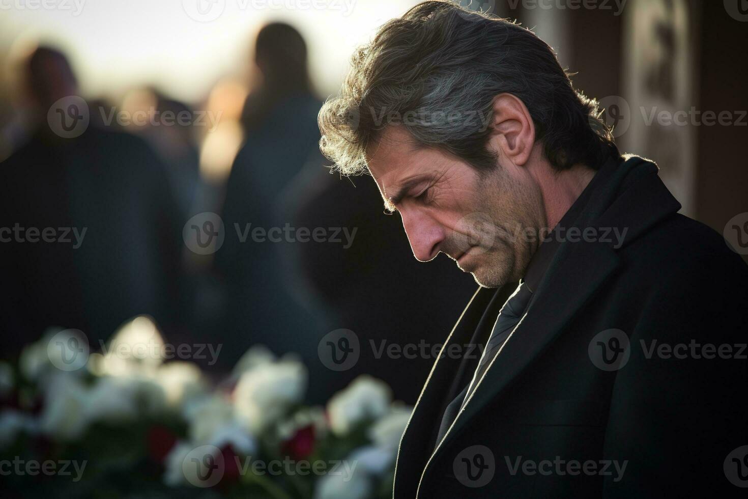 closeup shot of a senior man in front of a funeral bouquet AI generated photo